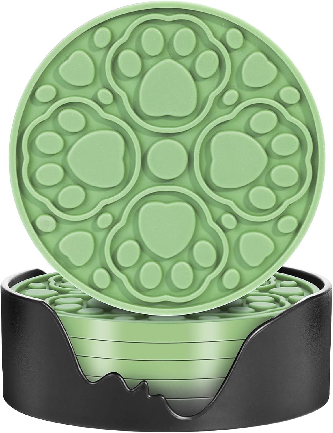4 Inch Round Green Silicone Drink Coasters Set of 6 with Holder