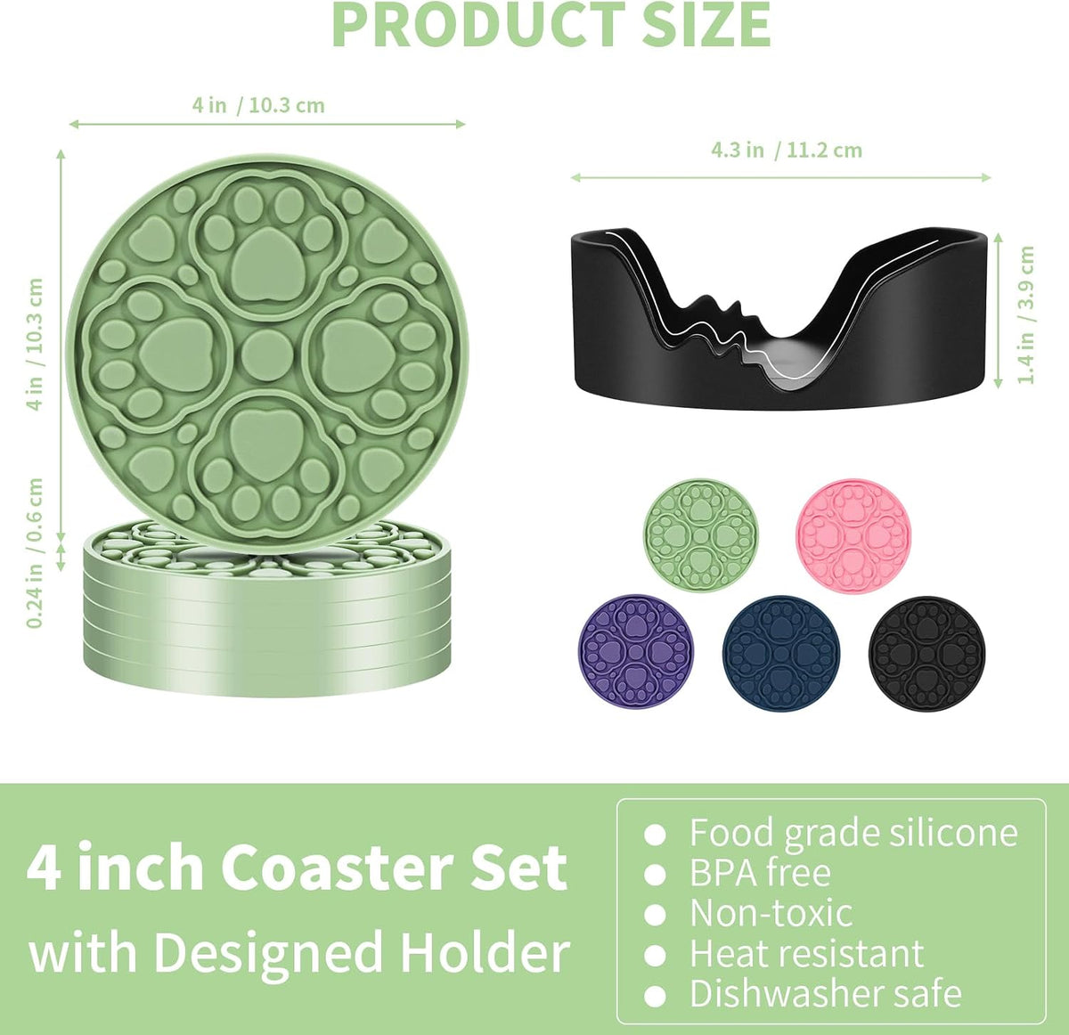 4 Inch Round Green Silicone Drink Coasters Set of 6 with Holder