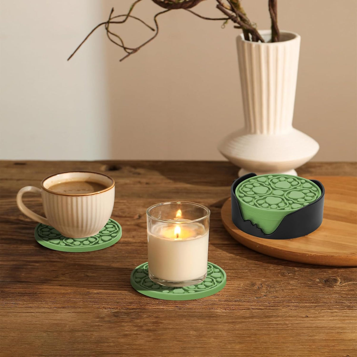 4 Inch Round Green Silicone Drink Coasters Set of 6 with Holder