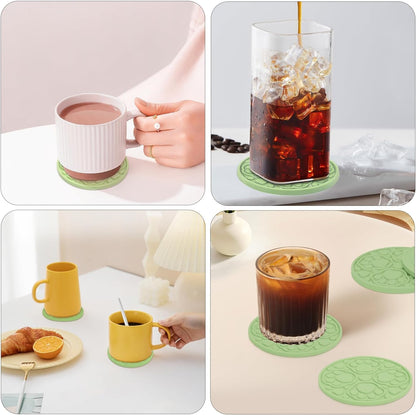4 Inch Round Green Silicone Drink Coasters Set of 6 with Holder