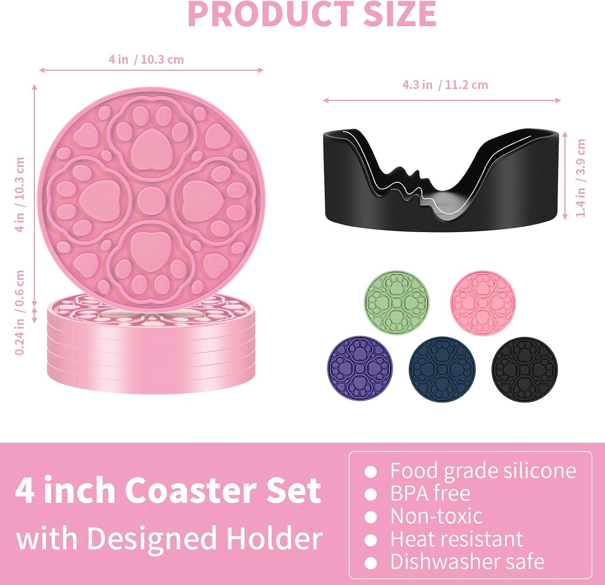 4 Inch Round Green Silicone Drink Coasters Set of 6 with Holder