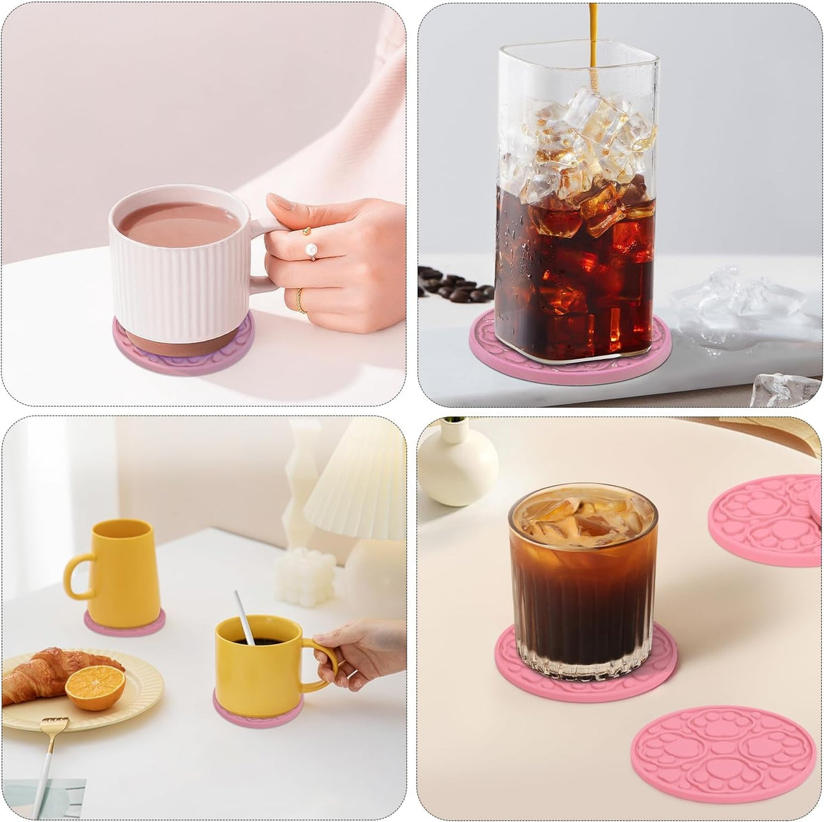 4 Inch Round Green Silicone Drink Coasters Set of 6 with Holder