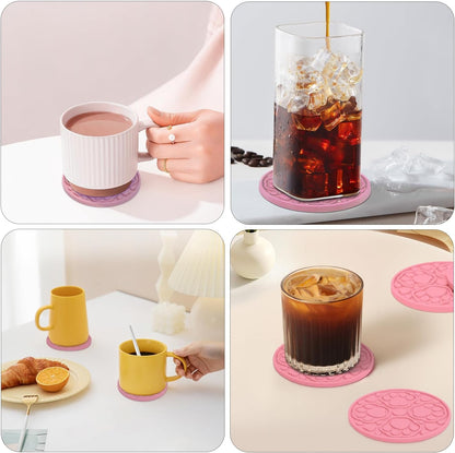 4 Inch Round Green Silicone Drink Coasters Set of 6 with Holder