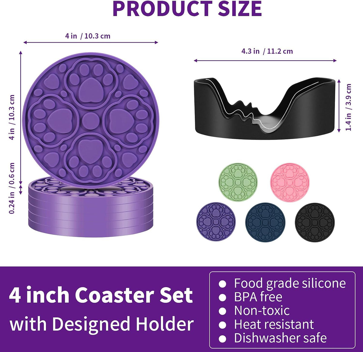 4 Inch Round Green Silicone Drink Coasters Set of 6 with Holder