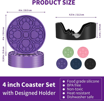 4 Inch Round Green Silicone Drink Coasters Set of 6 with Holder