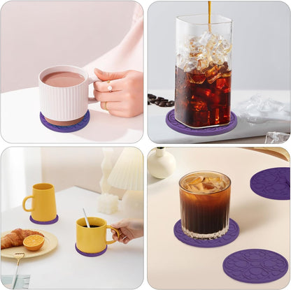 4 Inch Round Green Silicone Drink Coasters Set of 6 with Holder