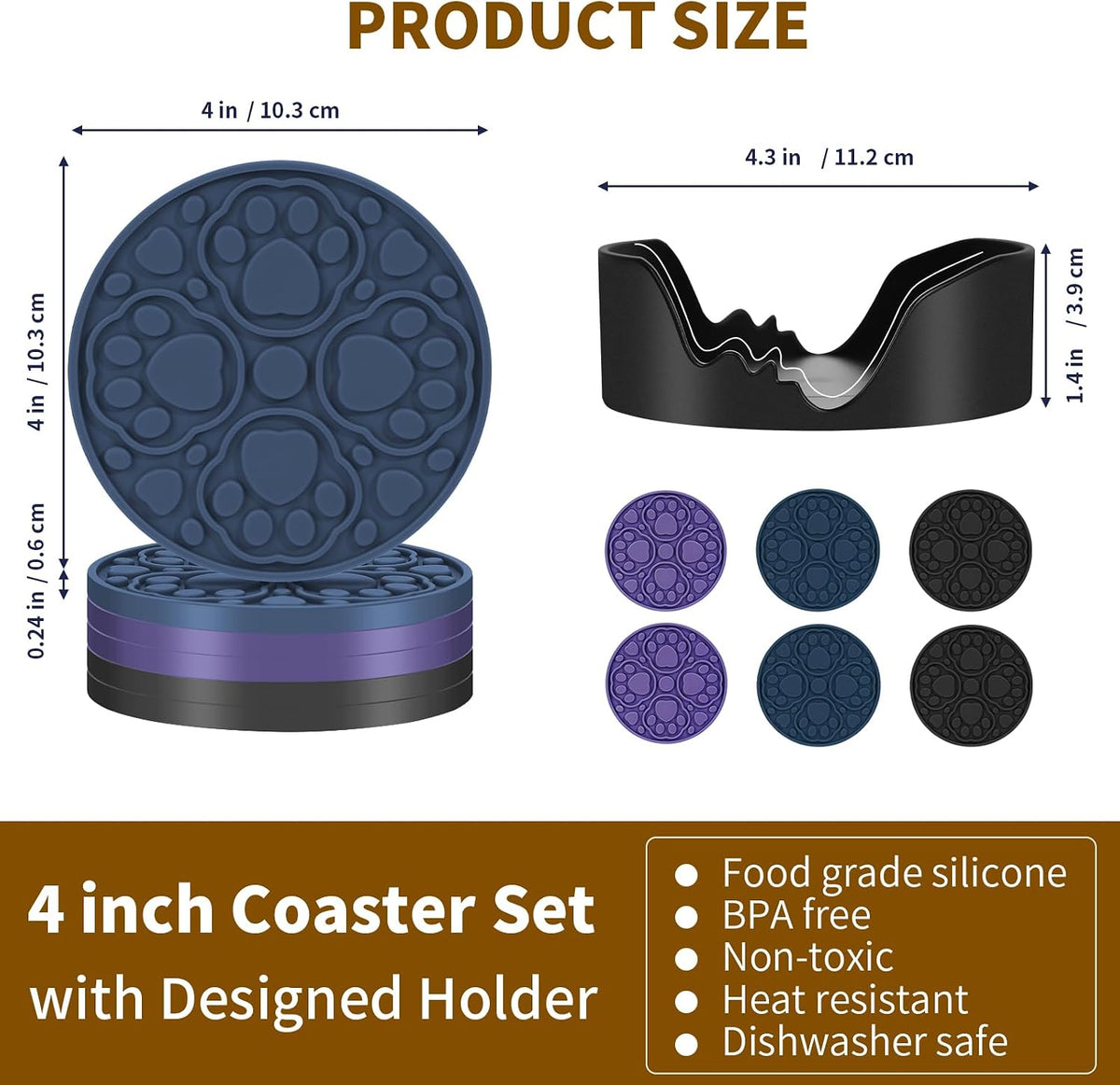 4 Inch Round Green Silicone Drink Coasters Set of 6 with Holder