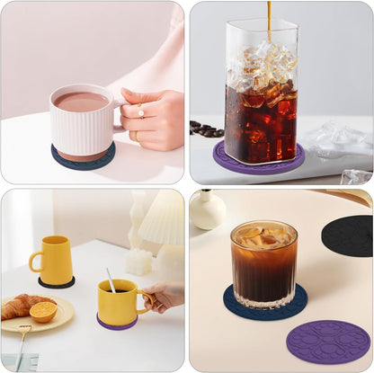 4 Inch Round Green Silicone Drink Coasters Set of 6 with Holder