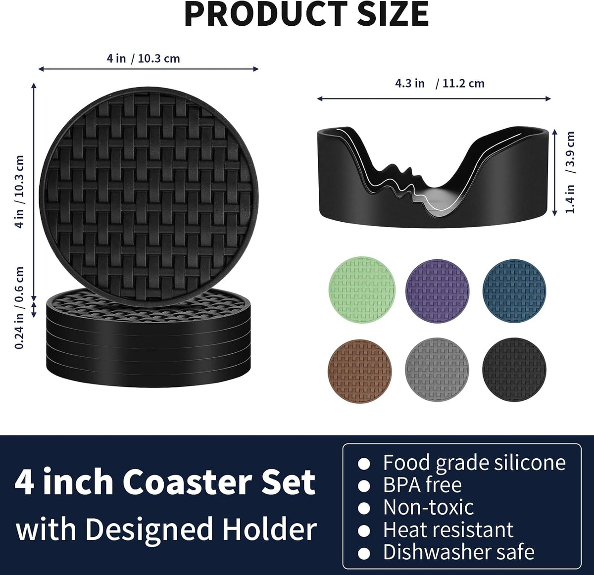 4 Inch Round Green Silicone Drink Coasters Set of 6 with Holder