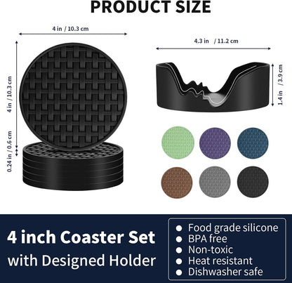 4 Inch Round Green Silicone Drink Coasters Set of 6 with Holder