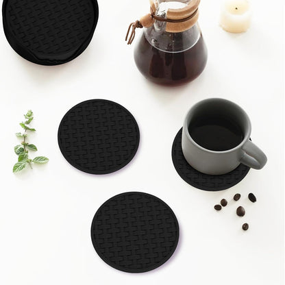 4 Inch Round Green Silicone Drink Coasters Set of 6 with Holder
