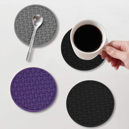 4 Inch Round Green Silicone Drink Coasters Set of 6 with Holder