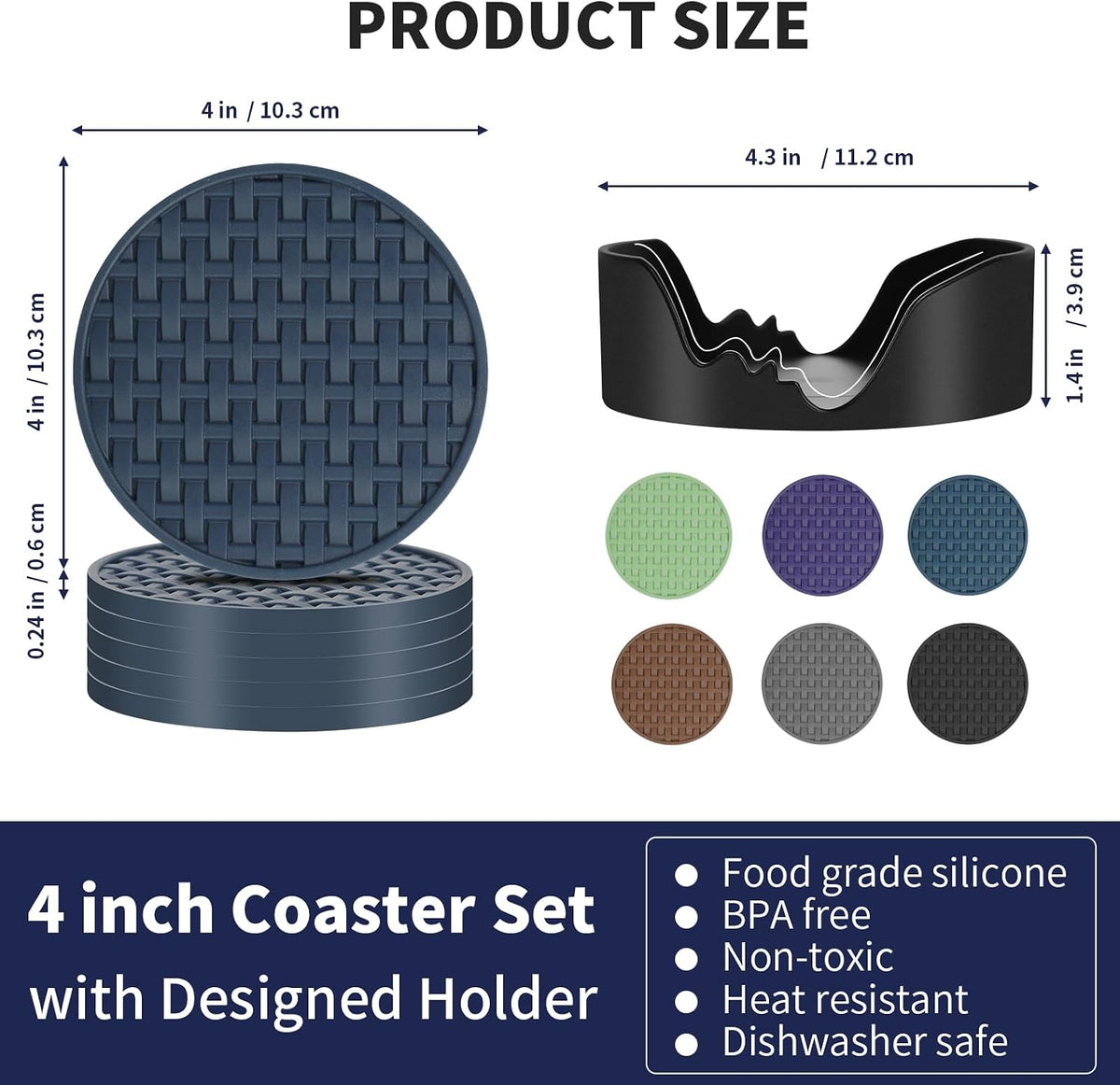 4 Inch Round Green Silicone Drink Coasters Set of 6 with Holder