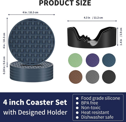4 Inch Round Green Silicone Drink Coasters Set of 6 with Holder