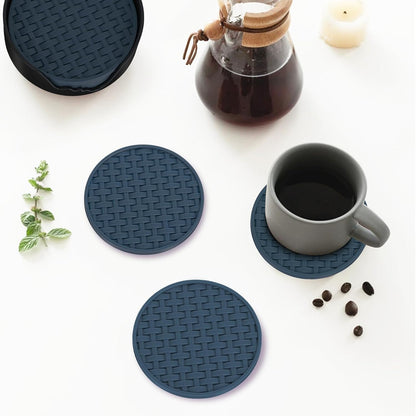 4 Inch Round Green Silicone Drink Coasters Set of 6 with Holder