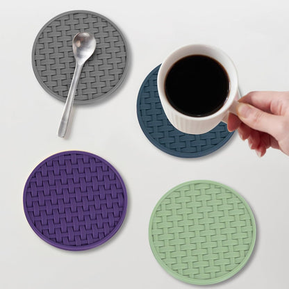 4 Inch Round Green Silicone Drink Coasters Set of 6 with Holder