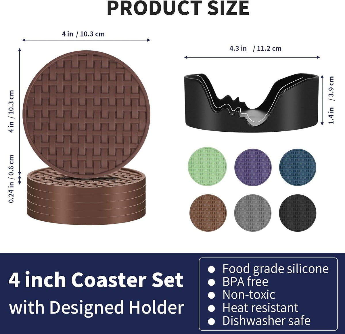 4 Inch Round Green Silicone Drink Coasters Set of 6 with Holder