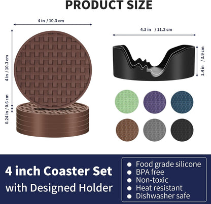 4 Inch Round Green Silicone Drink Coasters Set of 6 with Holder