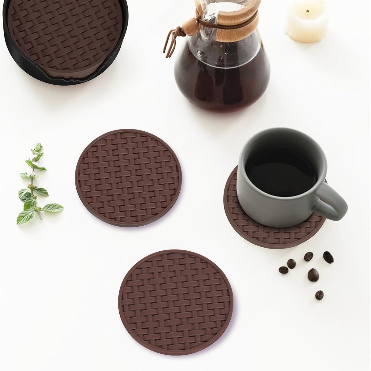 4 Inch Round Green Silicone Drink Coasters Set of 6 with Holder