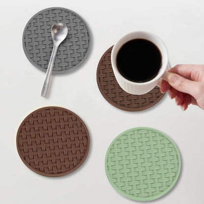 4 Inch Round Green Silicone Drink Coasters Set of 6 with Holder
