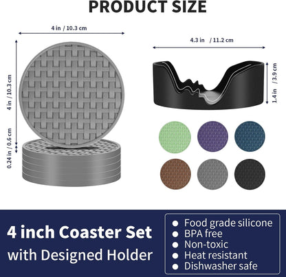 4 Inch Round Green Silicone Drink Coasters Set of 6 with Holder