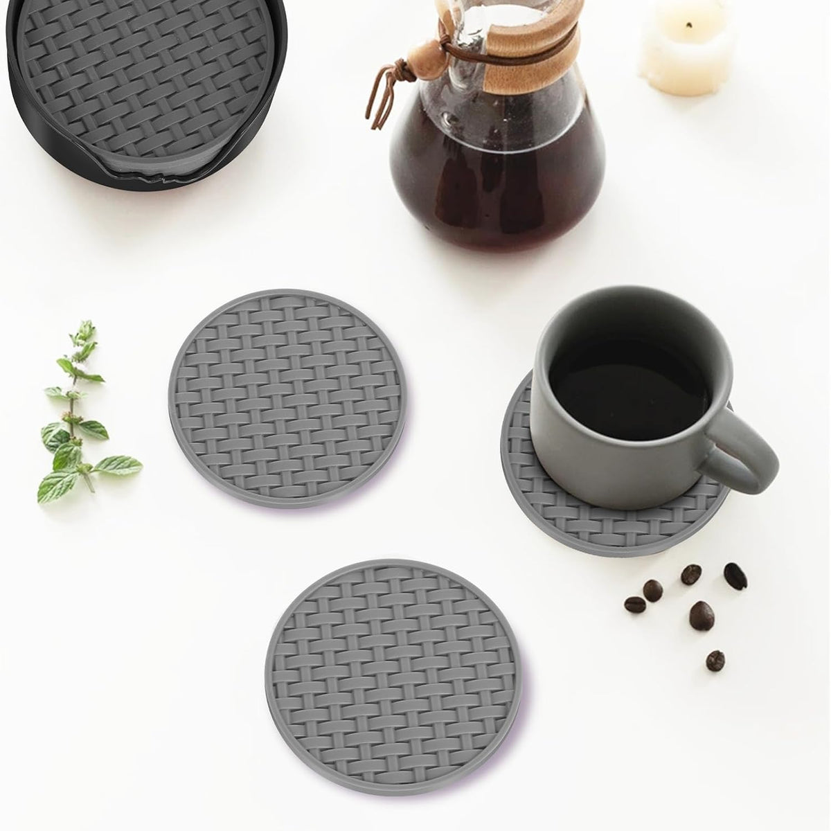 4 Inch Round Green Silicone Drink Coasters Set of 6 with Holder