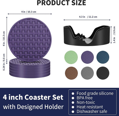 4 Inch Round Green Silicone Drink Coasters Set of 6 with Holder