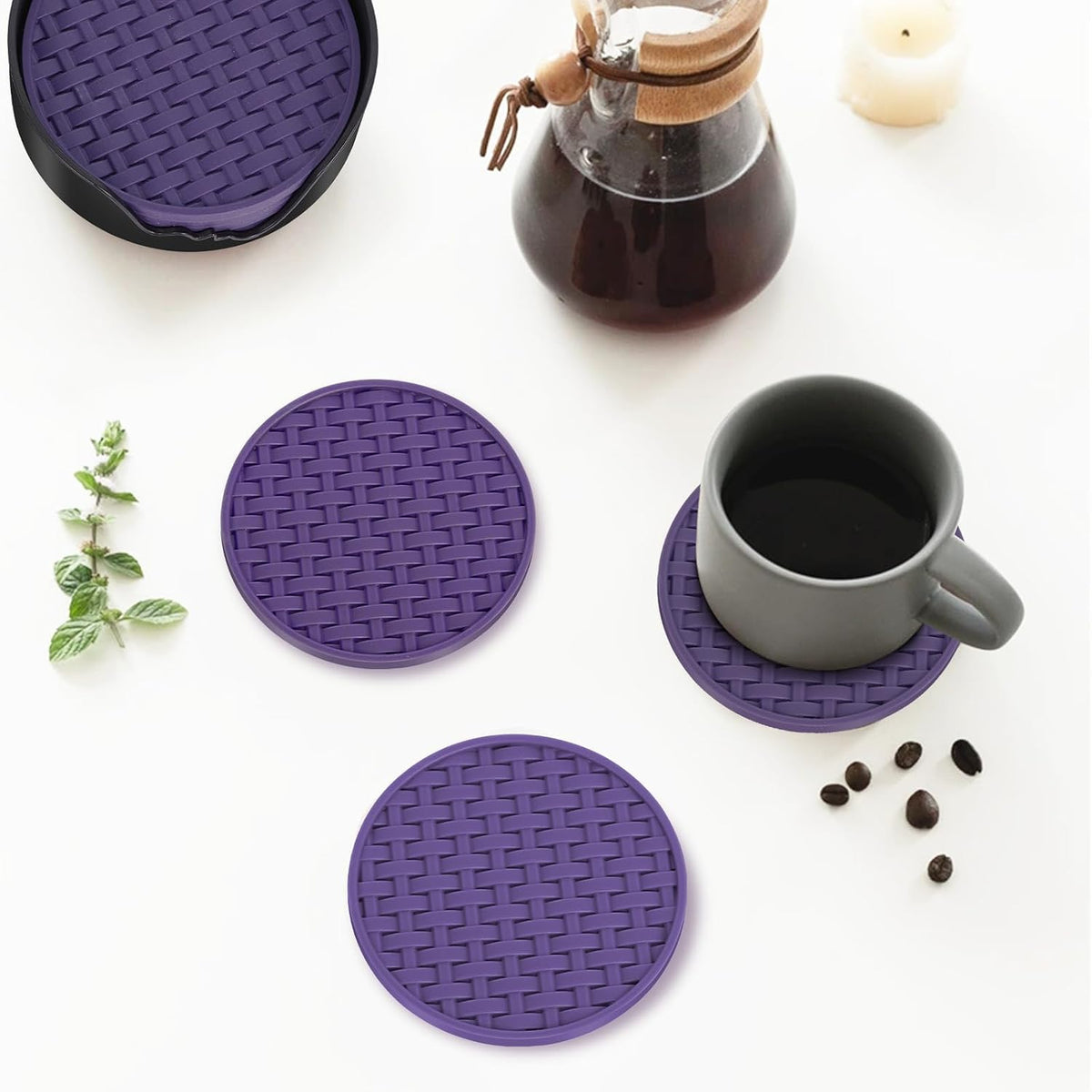 4 Inch Round Green Silicone Drink Coasters Set of 6 with Holder
