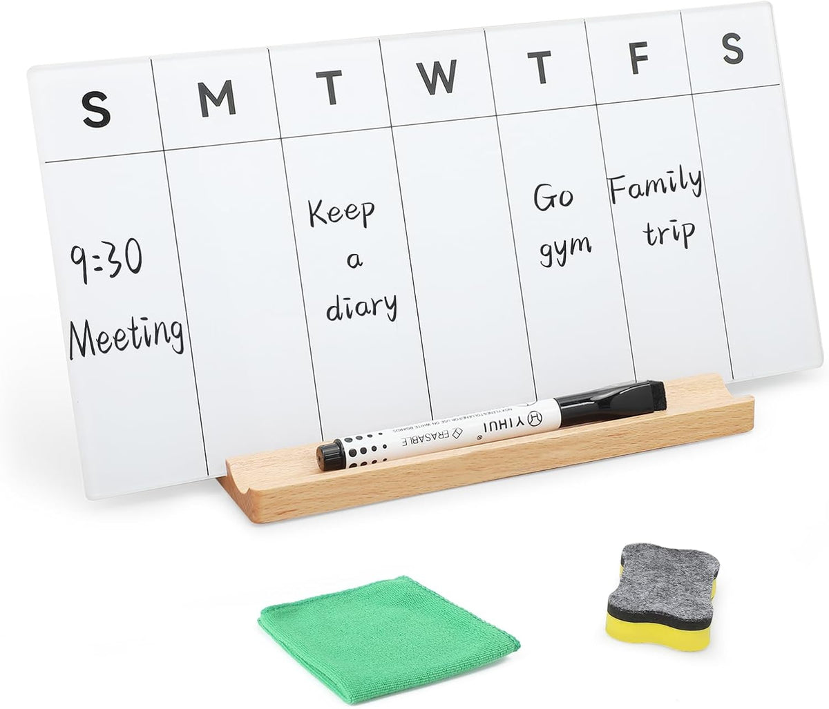 Desktop Glass Weekly Whiteboard with Detachable Wood Stand Weekly Dry Erase Board Weekly Calendar Whiteboard Weekly Planner to Do List White Board Desk Planner 11.8x5.86 for Office, Home, School