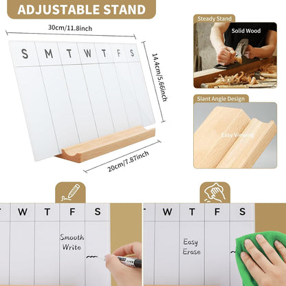 Desktop Glass Weekly Whiteboard with Detachable Wood Stand Weekly Dry Erase Board Weekly Calendar Whiteboard Weekly Planner to Do List White Board Desk Planner 11.8x5.86 for Office, Home, School