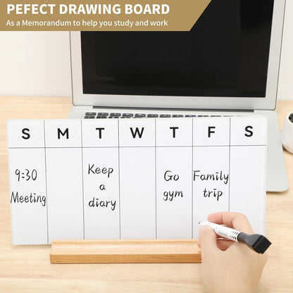 Desktop Glass Weekly Whiteboard with Detachable Wood Stand Weekly Dry Erase Board Weekly Calendar Whiteboard Weekly Planner to Do List White Board Desk Planner 11.8x5.86 for Office, Home, School