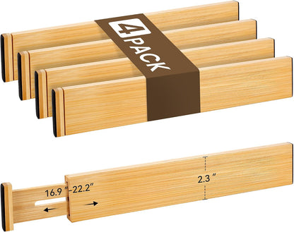 Adjustable Bamboo Drawer Dividers of 4, Expandable Organizers (16.9"-22.2")
