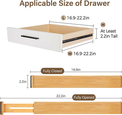 Adjustable Bamboo Drawer Dividers of 4, Expandable Organizers (16.9"-22.2")