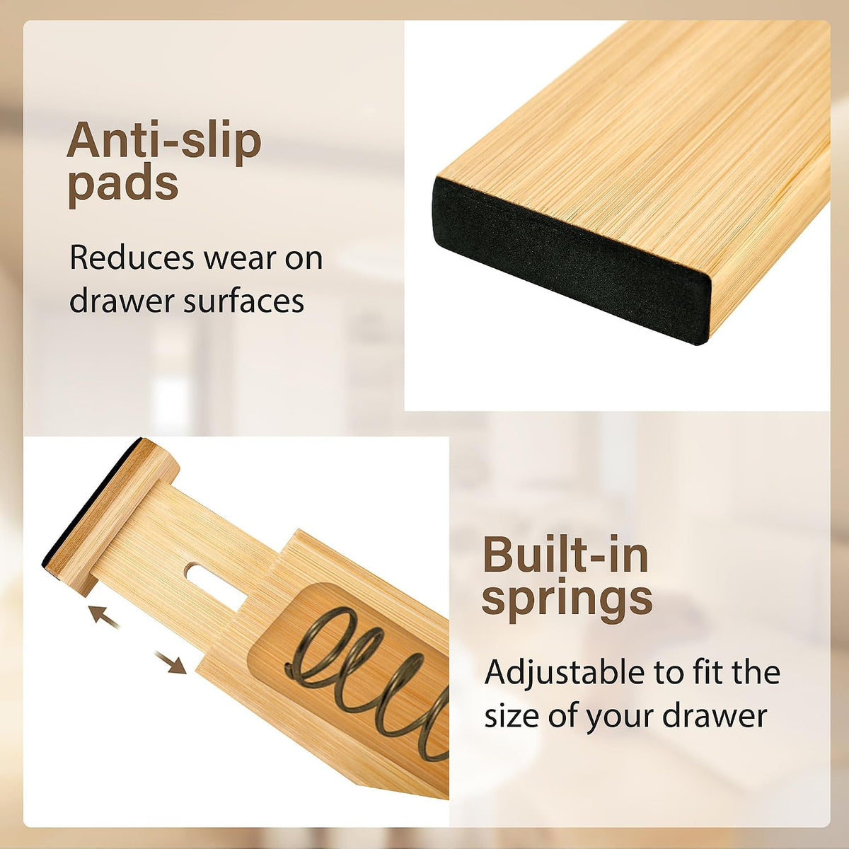 Adjustable Bamboo Drawer Dividers of 4, Expandable Organizers (16.9"-22.2")