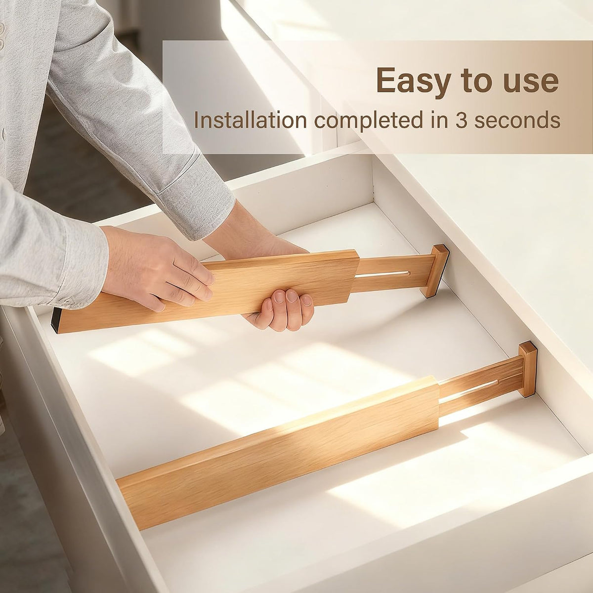 Adjustable Bamboo Drawer Dividers of 4, Expandable Organizers (16.9"-22.2")