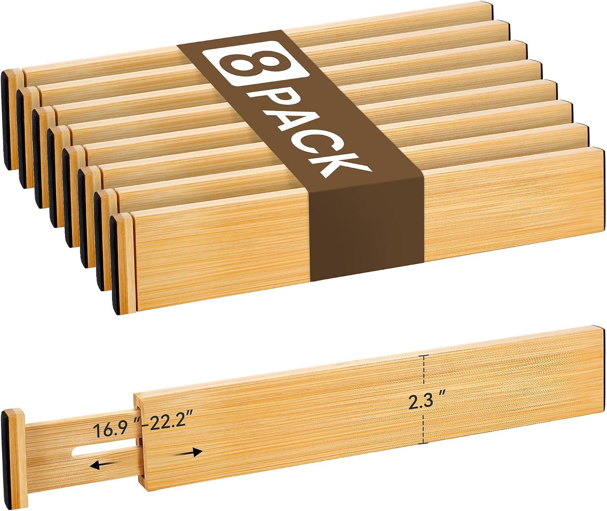 Adjustable Bamboo Drawer Dividers of 4, Expandable Organizers (16.9"-22.2")