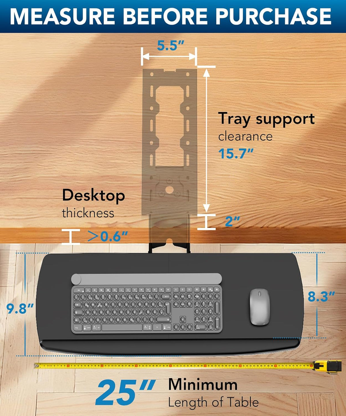 AX WABER Keyboard Tray Under Desk with Storage Drawer, Height Adjustable Keyboard Tray Slide Out 360° Swivel Tilt, Ergonomic Under Desk Mount Keyboard & Mouse Holder for Gaming Home Office, Black