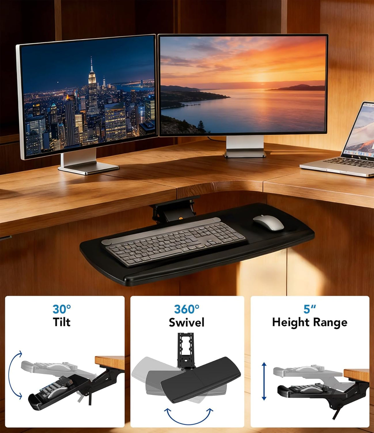AX WABER Keyboard Tray Under Desk with Storage Drawer, Height Adjustable Keyboard Tray Slide Out 360° Swivel Tilt, Ergonomic Under Desk Mount Keyboard & Mouse Holder for Gaming Home Office, Black