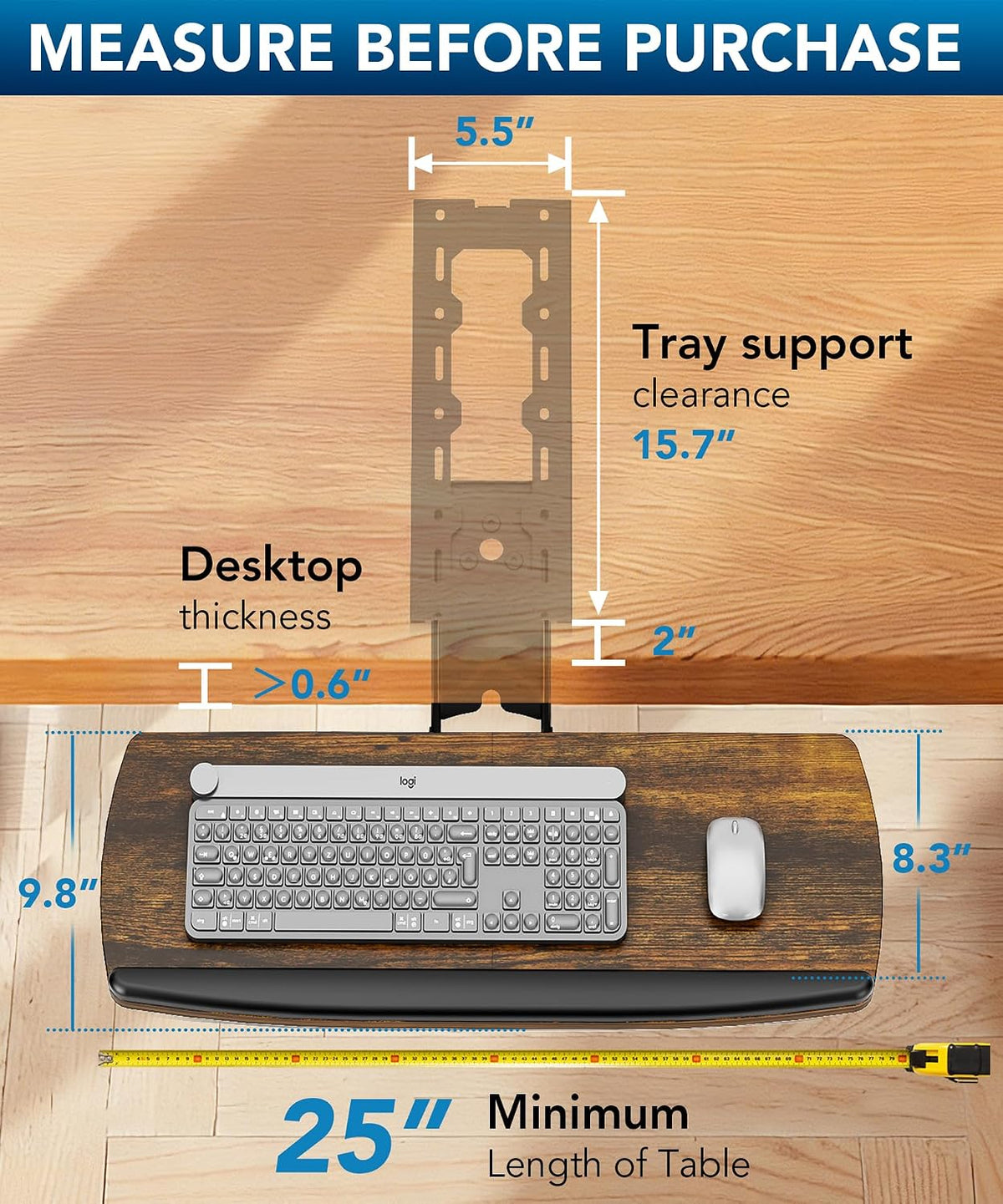 AX WABER Keyboard Tray Under Desk with Storage Drawer, Height Adjustable Keyboard Tray Slide Out 360° Swivel Tilt, Ergonomic Under Desk Mount Keyboard & Mouse Holder for Gaming Home Office, Black
