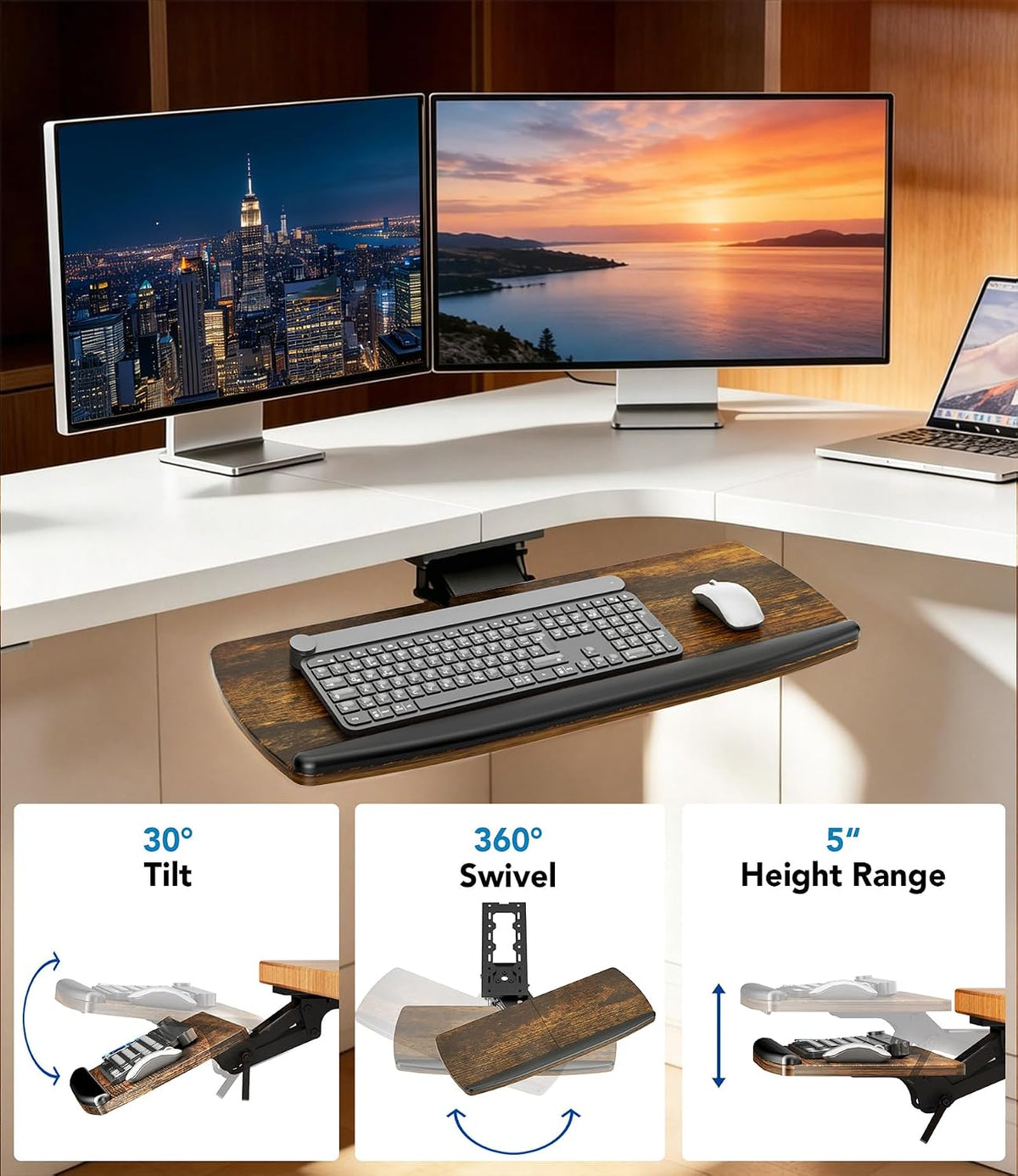 AX WABER Keyboard Tray Under Desk with Storage Drawer, Height Adjustable Keyboard Tray Slide Out 360° Swivel Tilt, Ergonomic Under Desk Mount Keyboard & Mouse Holder for Gaming Home Office, Black