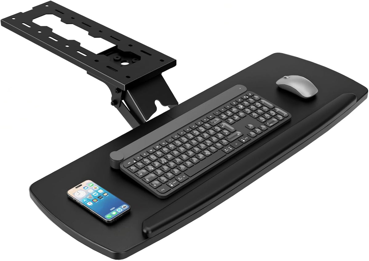 AX WABER Keyboard Tray Under Desk with Storage Drawer, Height Adjustable Keyboard Tray Slide Out 360° Swivel Tilt, Ergonomic Under Desk Mount Keyboard & Mouse Holder for Gaming Home Office, Black