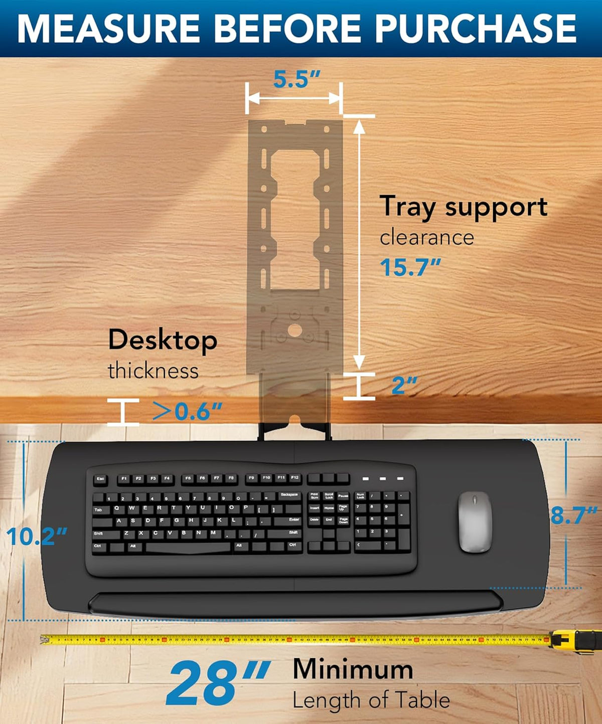 AX WABER Keyboard Tray Under Desk with Storage Drawer, Height Adjustable Keyboard Tray Slide Out 360° Swivel Tilt, Ergonomic Under Desk Mount Keyboard & Mouse Holder for Gaming Home Office, Black