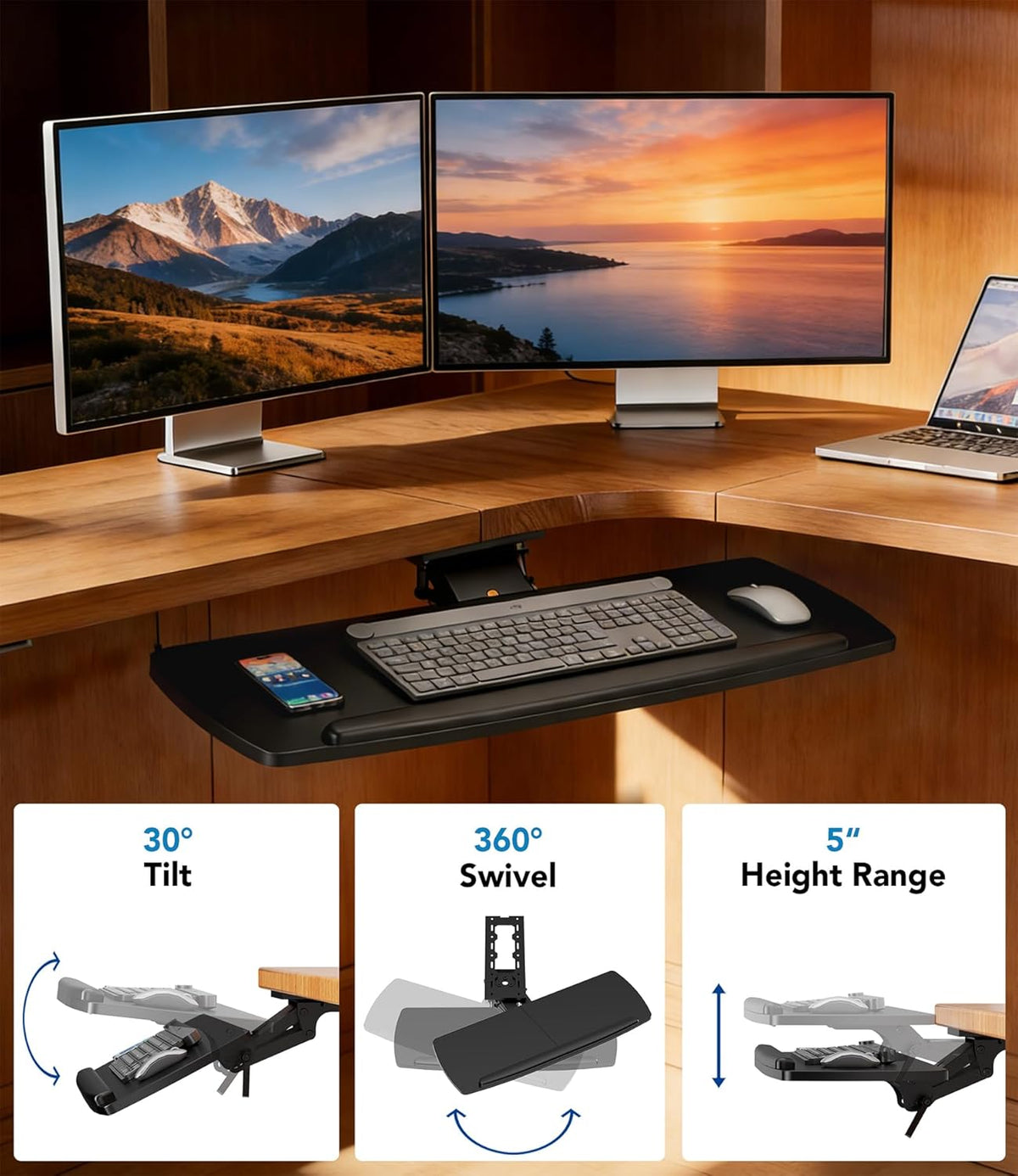 AX WABER Keyboard Tray Under Desk with Storage Drawer, Height Adjustable Keyboard Tray Slide Out 360° Swivel Tilt, Ergonomic Under Desk Mount Keyboard & Mouse Holder for Gaming Home Office, Black