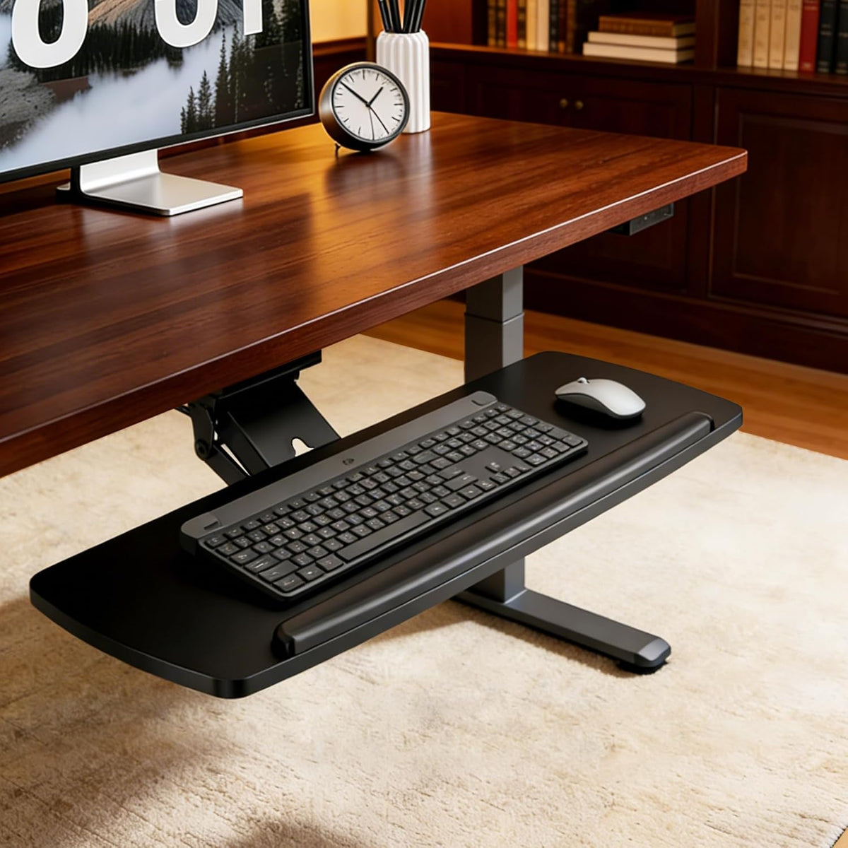 AX WABER Keyboard Tray Under Desk with Storage Drawer, Height Adjustable Keyboard Tray Slide Out 360° Swivel Tilt, Ergonomic Under Desk Mount Keyboard & Mouse Holder for Gaming Home Office, Black