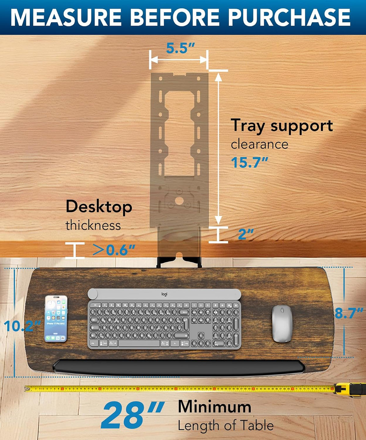 AX WABER Keyboard Tray Under Desk with Storage Drawer, Height Adjustable Keyboard Tray Slide Out 360° Swivel Tilt, Ergonomic Under Desk Mount Keyboard & Mouse Holder for Gaming Home Office, Black