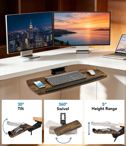 AX WABER Keyboard Tray Under Desk with Storage Drawer, Height Adjustable Keyboard Tray Slide Out 360° Swivel Tilt, Ergonomic Under Desk Mount Keyboard & Mouse Holder for Gaming Home Office, Black