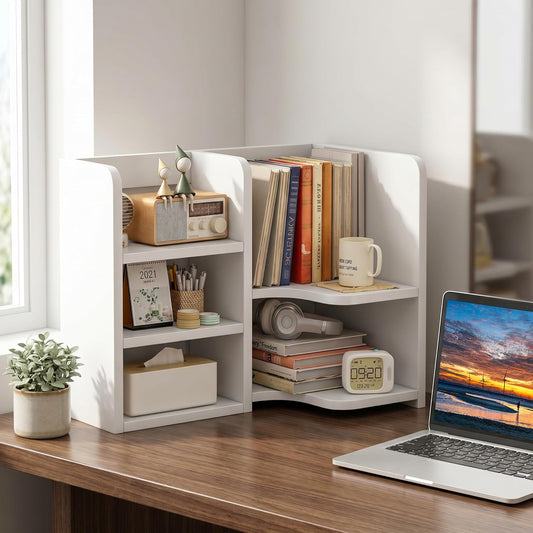Desk Shelf,Small Bookshelf,Wooden Desk Hutch Desk Organizers,White Desktop Bookshelf and Accessories Storage Display Rack in Home Office Dorm,Freestanding Desk Shelf