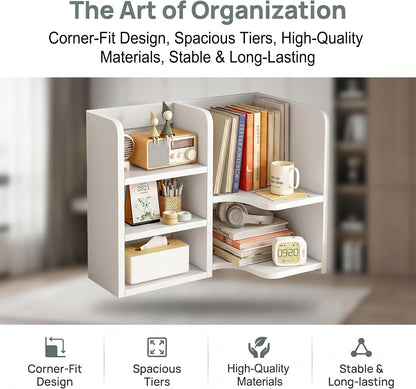 Desk Shelf,Small Bookshelf,Wooden Desk Hutch Desk Organizers,White Desktop Bookshelf and Accessories Storage Display Rack in Home Office Dorm,Freestanding Desk Shelf