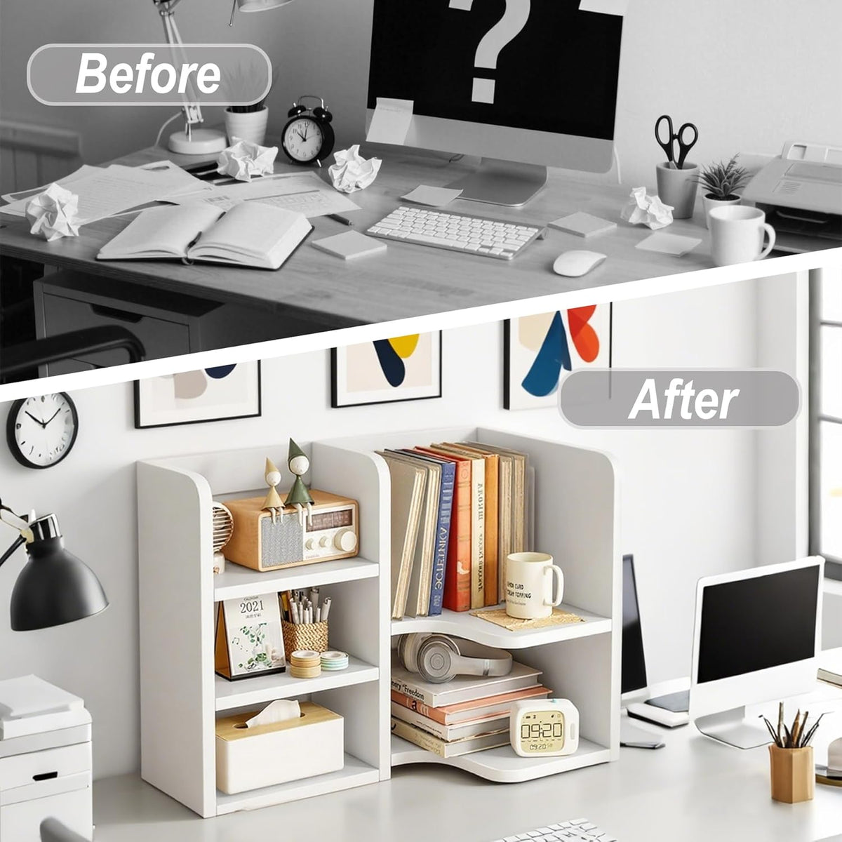 Desk Shelf,Small Bookshelf,Wooden Desk Hutch Desk Organizers,White Desktop Bookshelf and Accessories Storage Display Rack in Home Office Dorm,Freestanding Desk Shelf