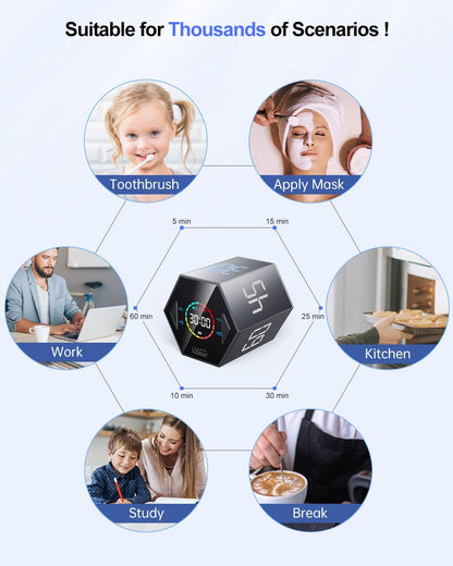 Pomodoro Timer Cube, Hexagon Productivity Timer, Pause & Resume, Silent, Vibrate & Adjustable Sound Alert, for ADHD, Task, Work, Study, 5/15/25/30/45/60min & Custom Countdown,Gray